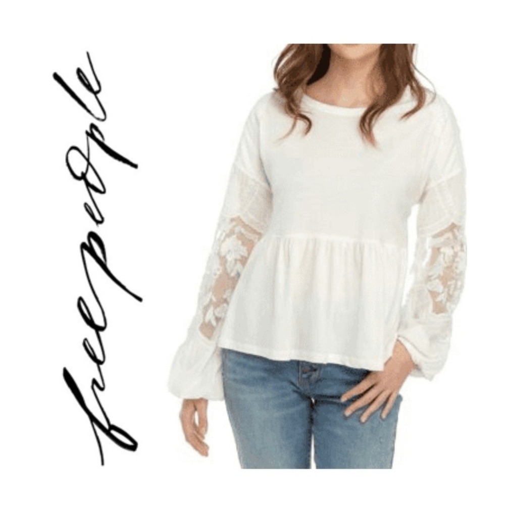 Free People Babydoll Top Women SP White Good Lace Sleeve Embroidered Boho